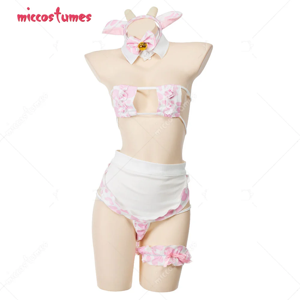Woman Sexy Japanese Style Cow Patterns Lingerie Set Three-Point Bikini Maid Apron Sleepwear Lingerie with Headdress+ Stockings images - 6