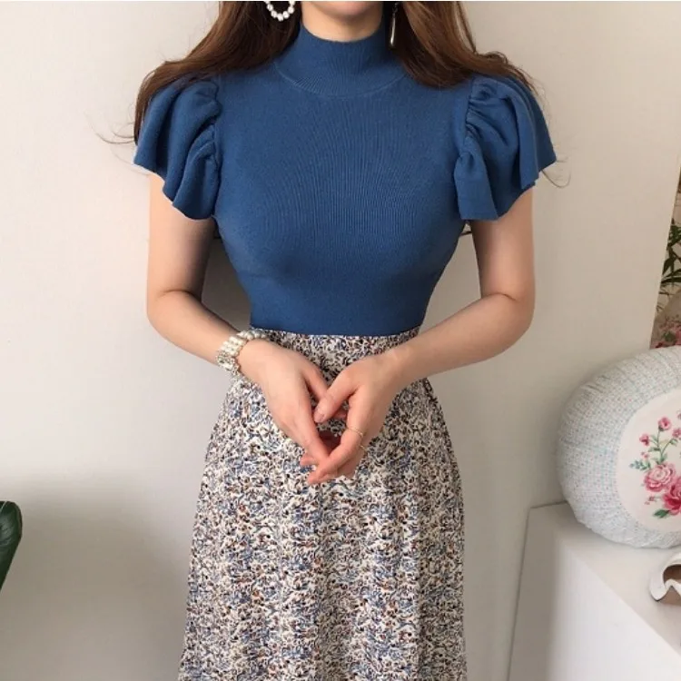 

Korea Chic Women 2 Piece Set Summer Lady Turtleneck knit Petal Sleeve Slim Top+High Waist Flowers Print Chiffon Midi Skirt Suit