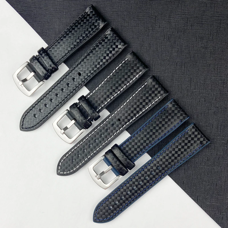 

Leather Watchband 20mm 22mm 24mm Man New Carbon Fiber Pattern Genuine Leather Wristband Strap for Longines Tissot Bracelets