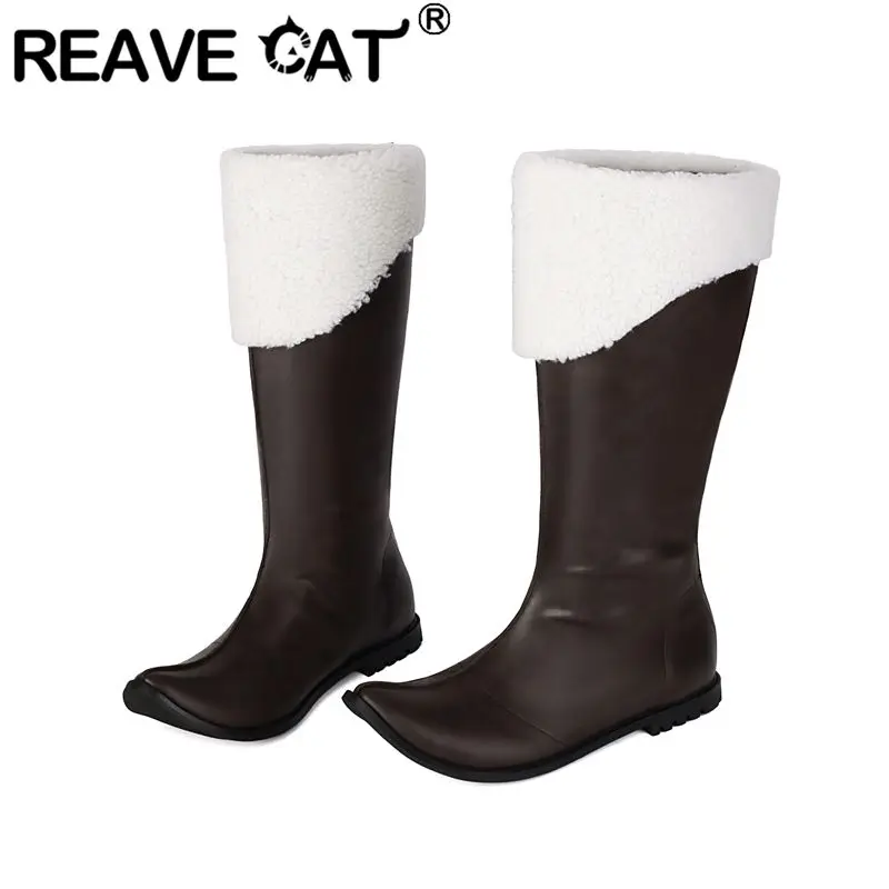 Фото Женские высокие сапоги REAVE CAT коричневого цвета с острым носком, на низком каблуке 2 см, на молнии, разноцветные, большие размеры 47, 48, 49, 50, для повседневной носки, длинные ботинки №1