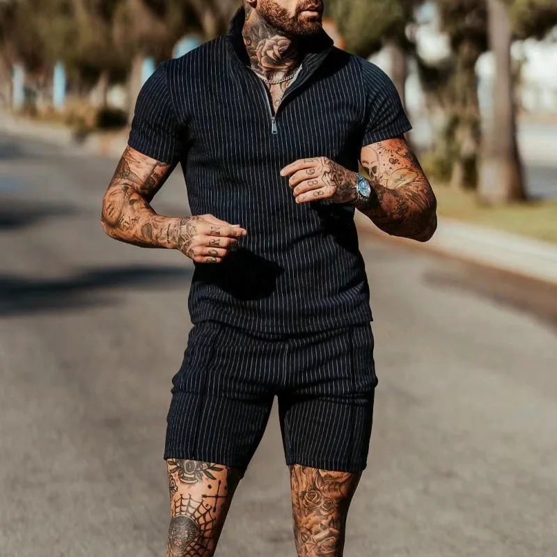 New Vertical Stripe Printed Men's POLO Shirt Suit Summer Fashion Outdoor Running Sportswear Men's Casual T-Shirt Shorts
