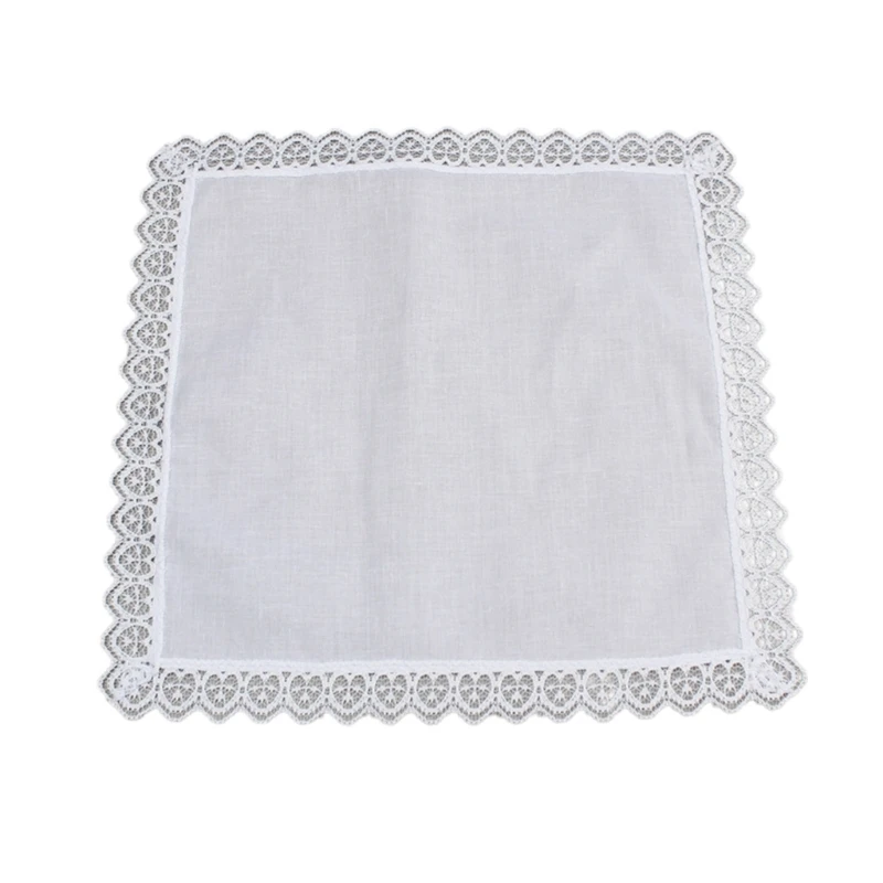 

23x25cm Men Women Cotton Handkerchief Solid White Hankies Pocket Lace Trim Towel DropShip