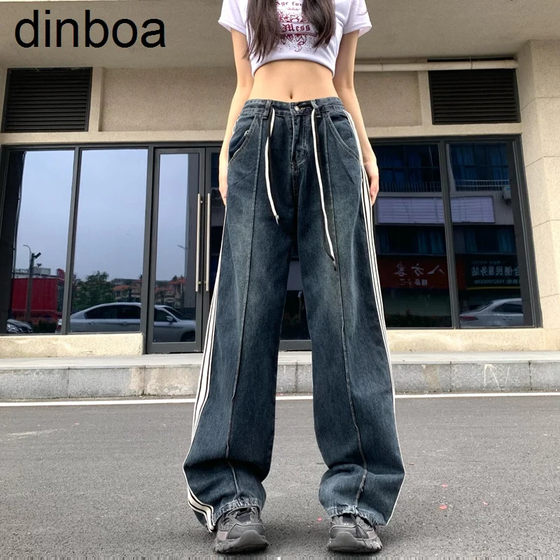 

Dinboa винтажные полосатые Лоскутные широкие джинсы для женщин прямые брюки в американском стиле длинные джинсовые брюки
