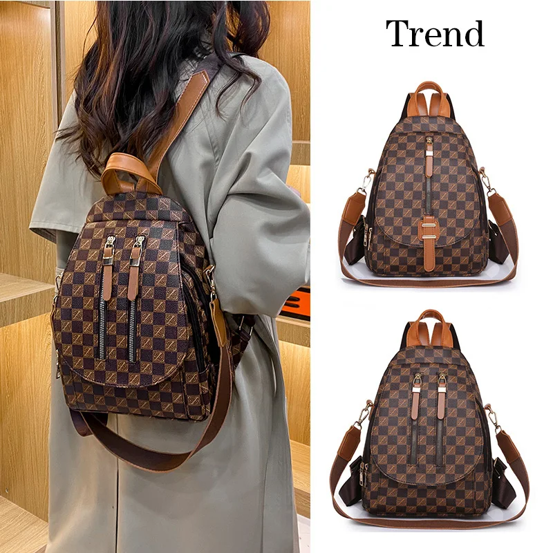 

Women Vintage Style Leather Backpacks Fashion Plaid Shoulder Bags Female Ladies Travel Backpack Luxury Brand