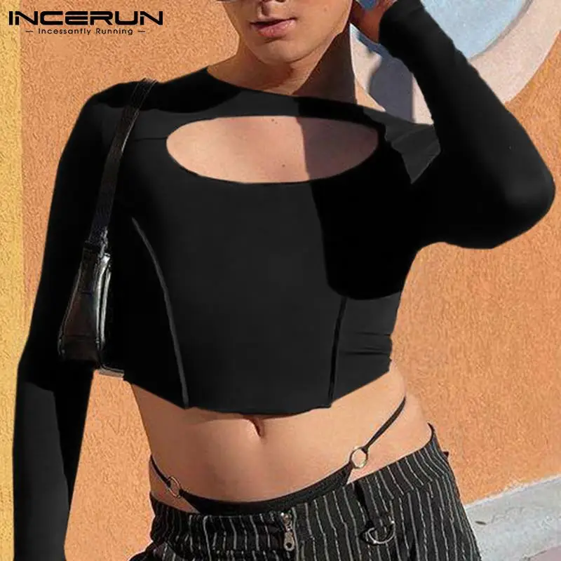 

INCERUN Men Solid Color T Shirt O-neck Long Sleeve Hollow Out Streetwear Sexy Tee Tops Men 2022 Party Nightclub Casual Camisetas