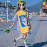 european 2022 summer girls loose teens cartoon princess striped kids dress short sleeve vestidos latest clothes 6 8 9 10 12 year