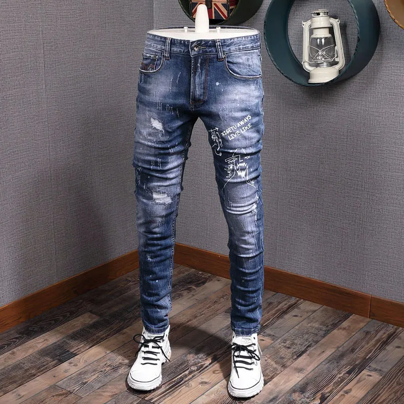 Streetwear Fashion Men Jeans Retro Blue Stretch Slim Fit Printed Designer Ripped Jeans Men Vintage Patched Hip Hop Pants Hombre
