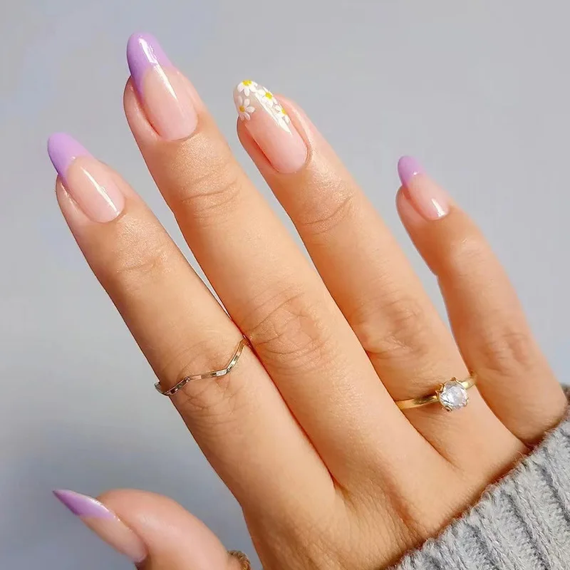 

24pcs French Artificial Nail Tips Light Purple Floral Nail Art New Spring False Nails for Women Beauty Nails Set Press On