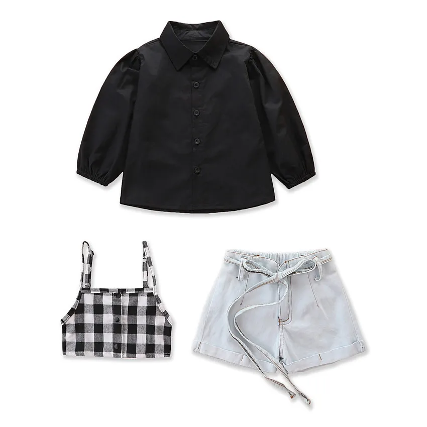 

Autumn Girl Set Black Sweatshirt + Jeans Shorts Suits for Kids Fashion Children Clothes