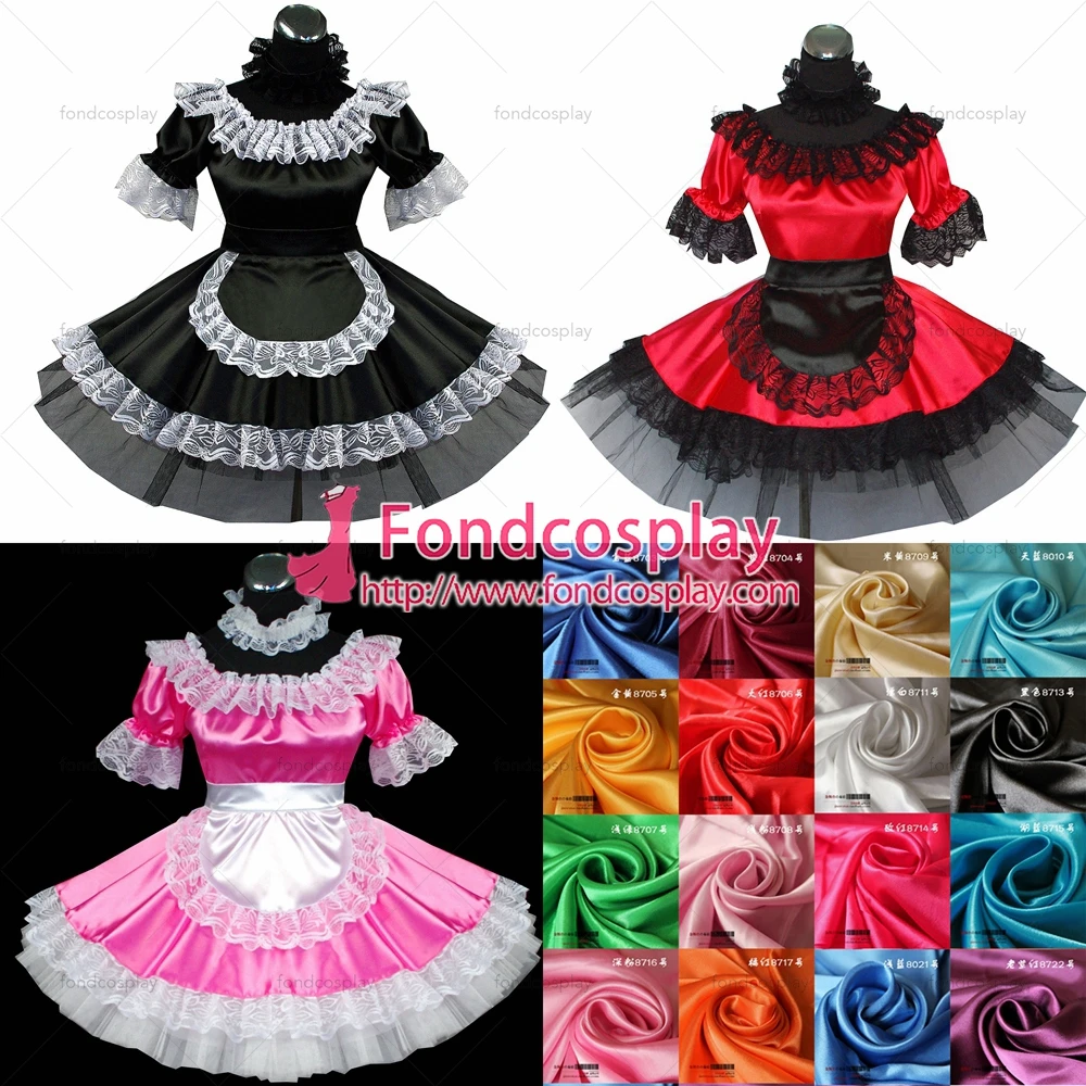 

adult sexy cross dressing French sissy maid short black red pink Satin Dress Uniform apron Costume Tailor-made[G467]