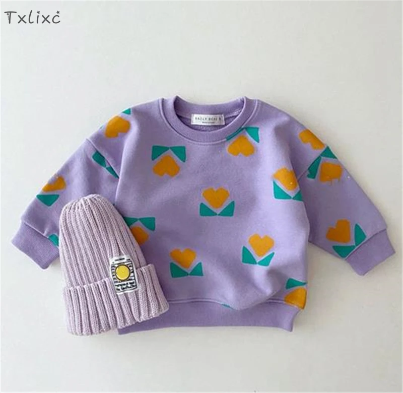 

Txlixc Newborn Baby Crewneck Sweatshirt Girl Boy Fall Long Sleeve Flower Floral Polka Dot Pullover Sweater Casual Outfit