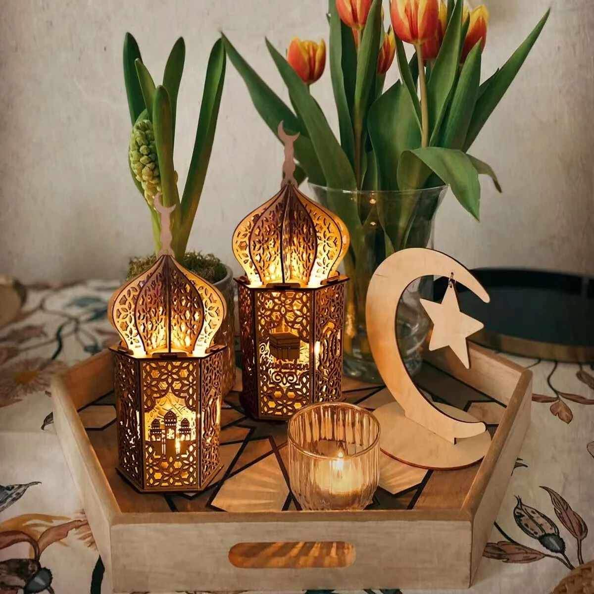 LED Eid Mubarak Muslim Festival Light Night Lamp Wooden DIY Handmade Decoration Gift Ornaments Islam Ramadan Party Supplies