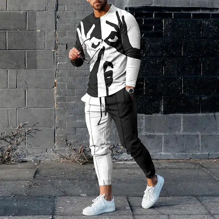 Men's Long Sleeve T-shirts and Pants Two Piece Interesting Face Hands 3D Printed Men's Sets Casual Suit nike tech fleece