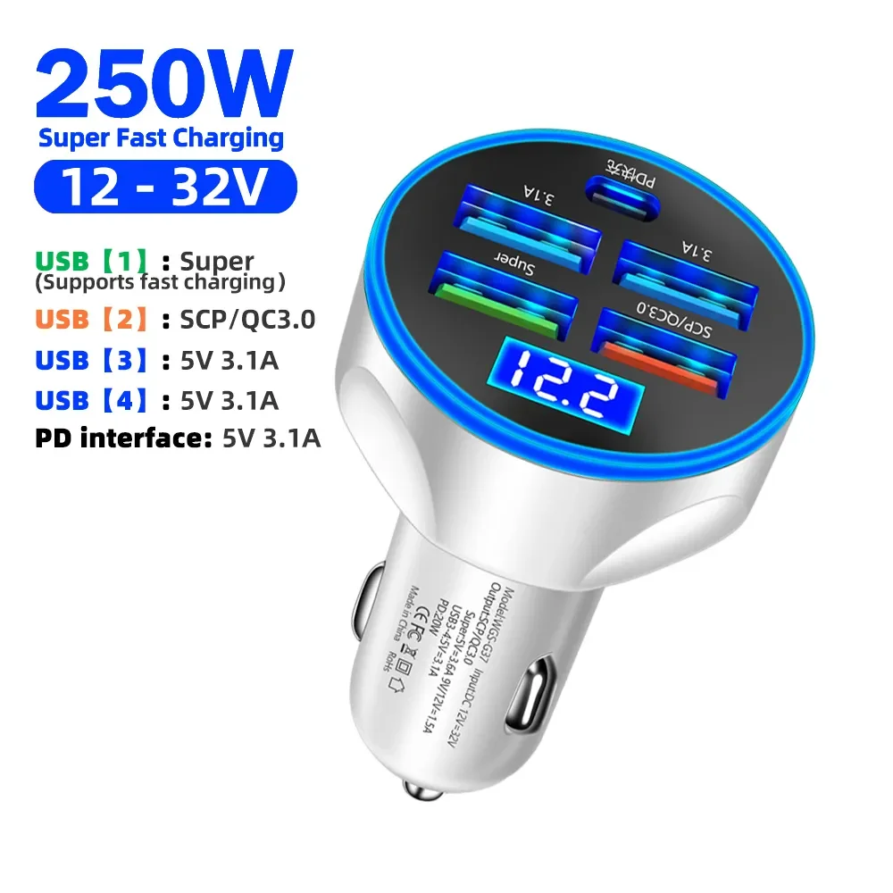 

5-портовое автомобильное зарядное устройство USB PD Type C 250 Вт, сверхбыстрое зарядное устройство со светодиодным цифровым дисплеем, зарядное устройство для Audi Golf для Passat Bmw, автомобильные принадлежности
