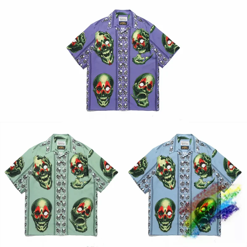 

Рубашка гавайская женская с принтом черепа, гавайская Пляжная футболка с акварельным принтом, голубая фиолетовая зеленая обратная Мария, 1:1
