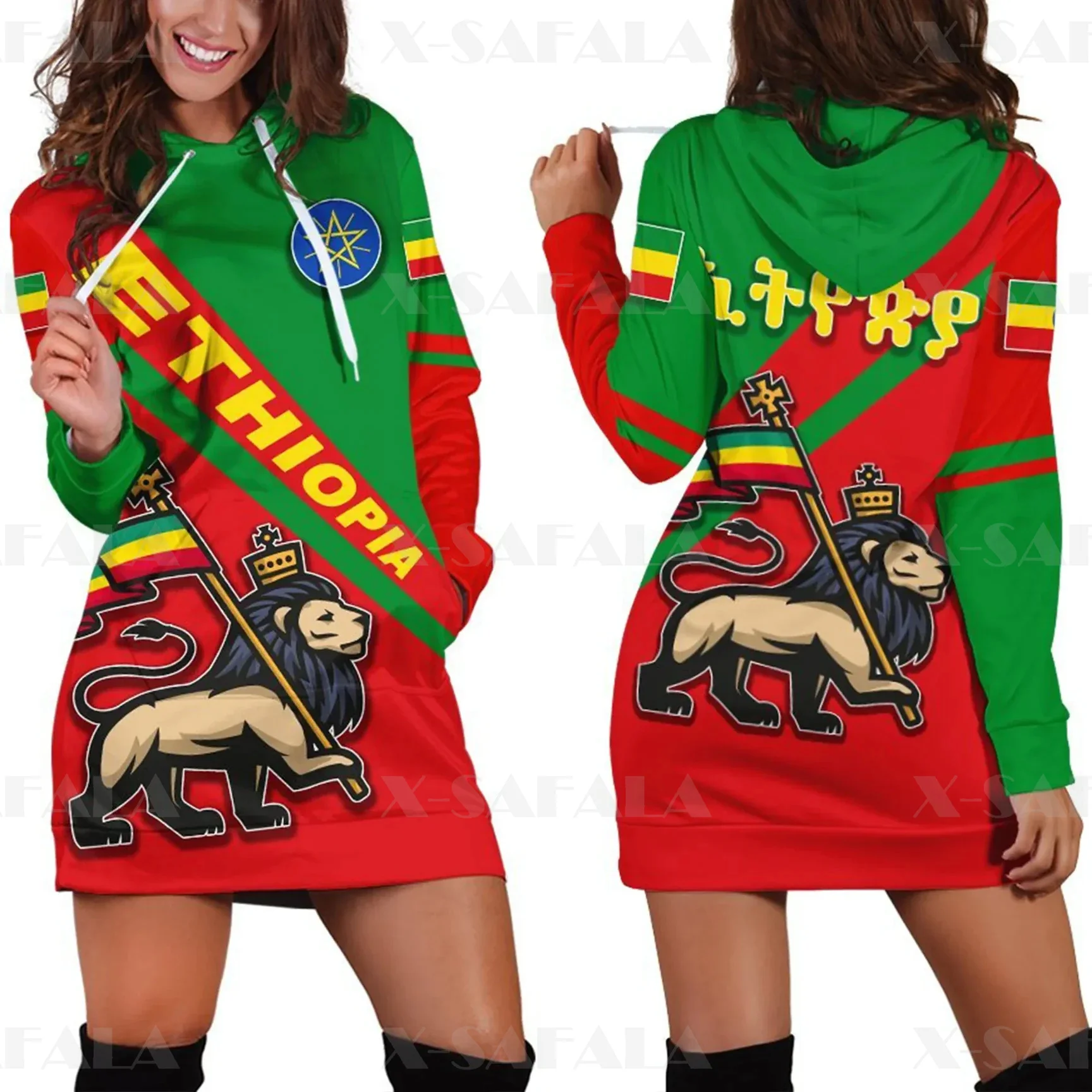 

Ethiopia County Africa Tribe Lion Harajuku Novelty 3D Print Autumn Hoodies Dress Women Casual Wear Long Sleeve Hooded Dress-3