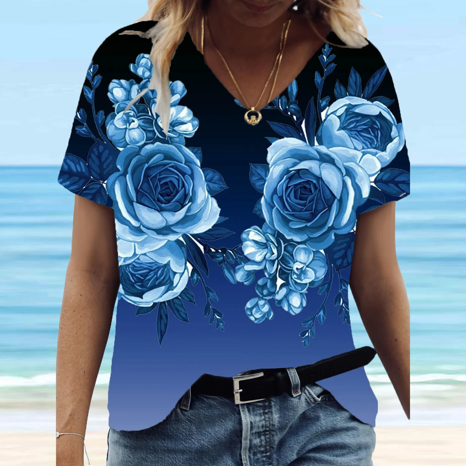 

2022 Women Fashion Summer Short Sleeve V Neck Tops Female Casual Flower Print T-shirt Loose Pullover Plus Size Tops Lady Shirt