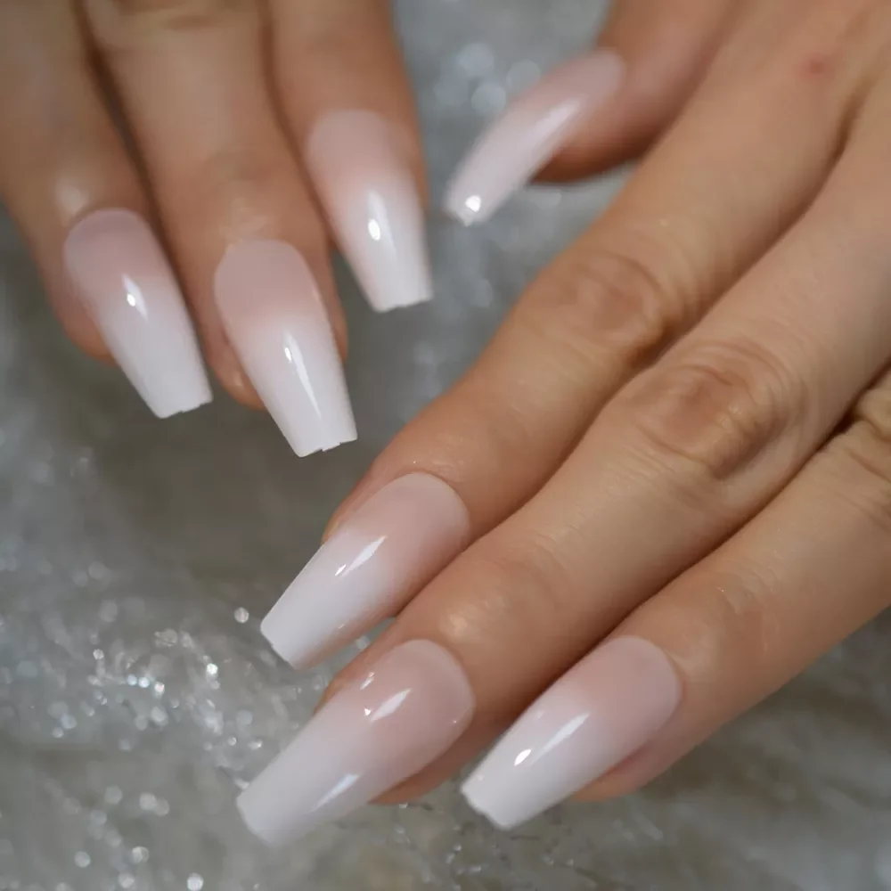 

NEW IN Ombre French Ballerina Fake Nail Nude Color White Faux Ongles Gradeint Natural Coffin False Nails 24pcs