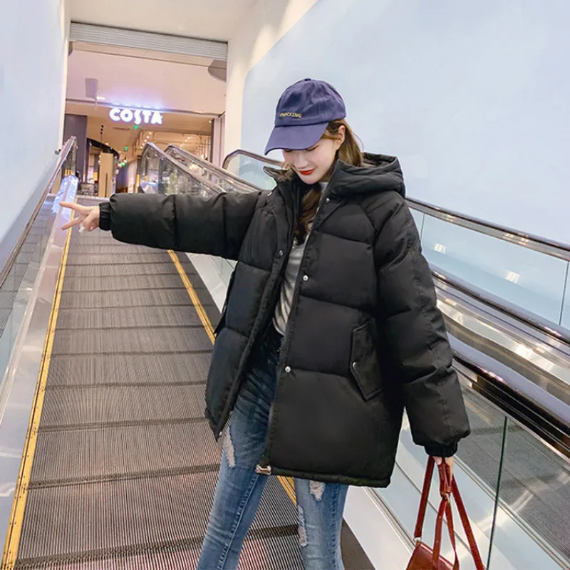 New Cotton Jacket Women Solid Hooded Parkas Winter Warm Thicken Down Jackets Loose Oversized Female Short Parkas Coats with Hat