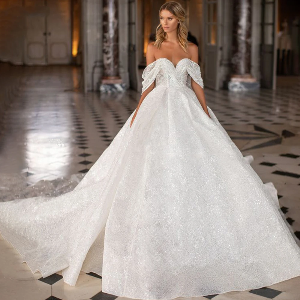 2023 Vintage Glitter Princess Abiti Da Sposa Shiny Off Spalla Backless A-Line Abiti Da Sposa Sparkly Pageant Bride Party Dress