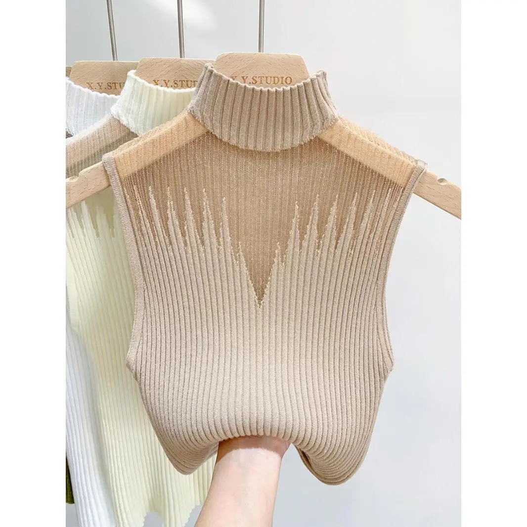

Mesh Hanging Neck Semi-high Neck Knitted Small Vest Female Undershirt Sweater Sleeveless T-shirt Short Tanks Female