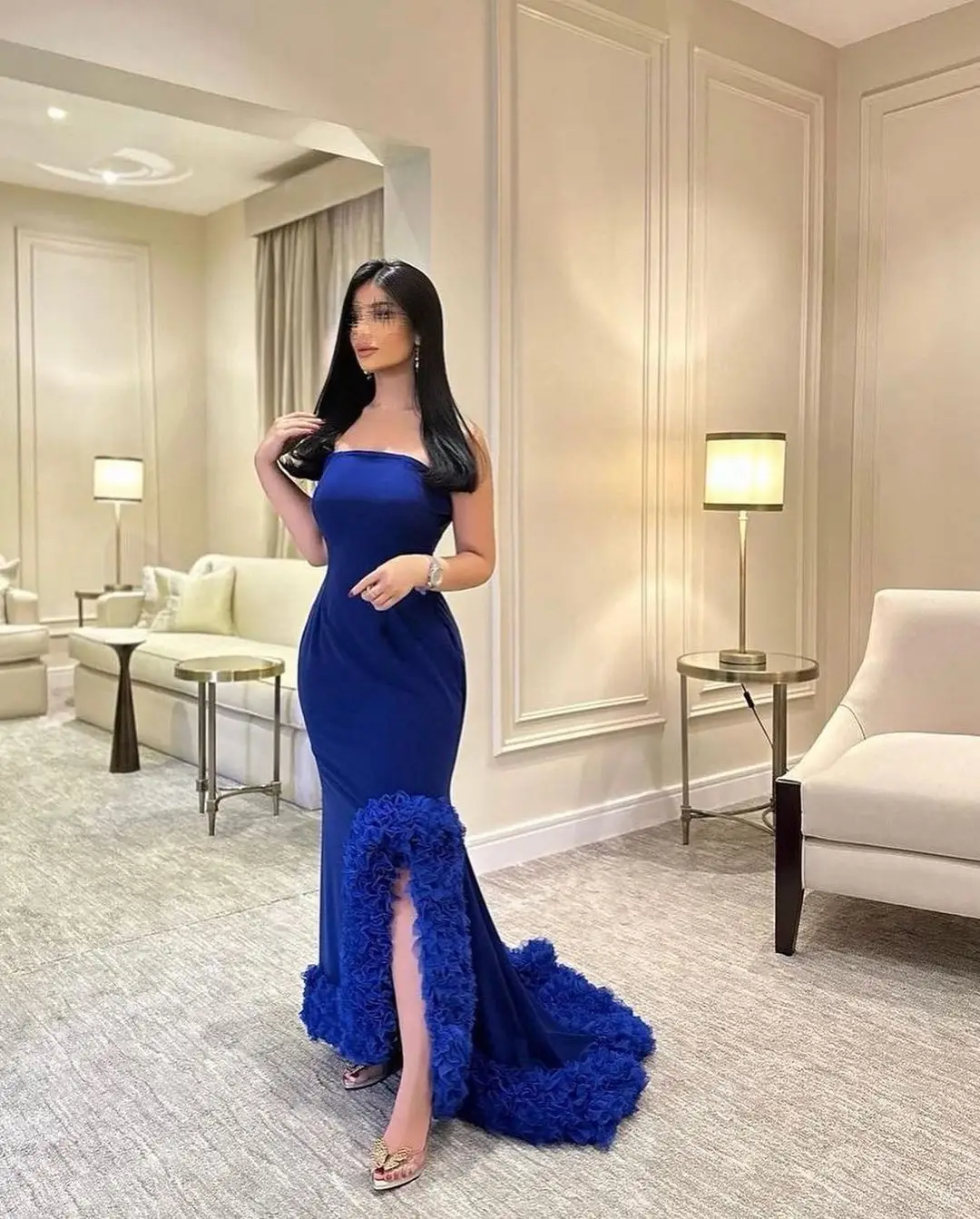 

Off the Shoulder Prom Dress Floor Length Sleeveless Satin Backless New Elegant Evening Party Gown Blue Split