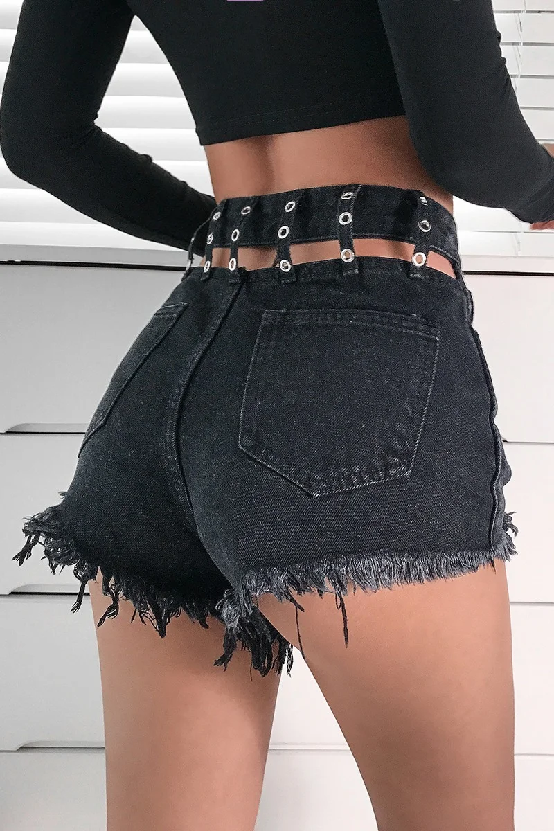 High Waist Shorts Sexy Hollow Denim Wide Leg Shorts 2021 New Women All-Match Casual Black Shorts for Female Fashion New Slim Hip