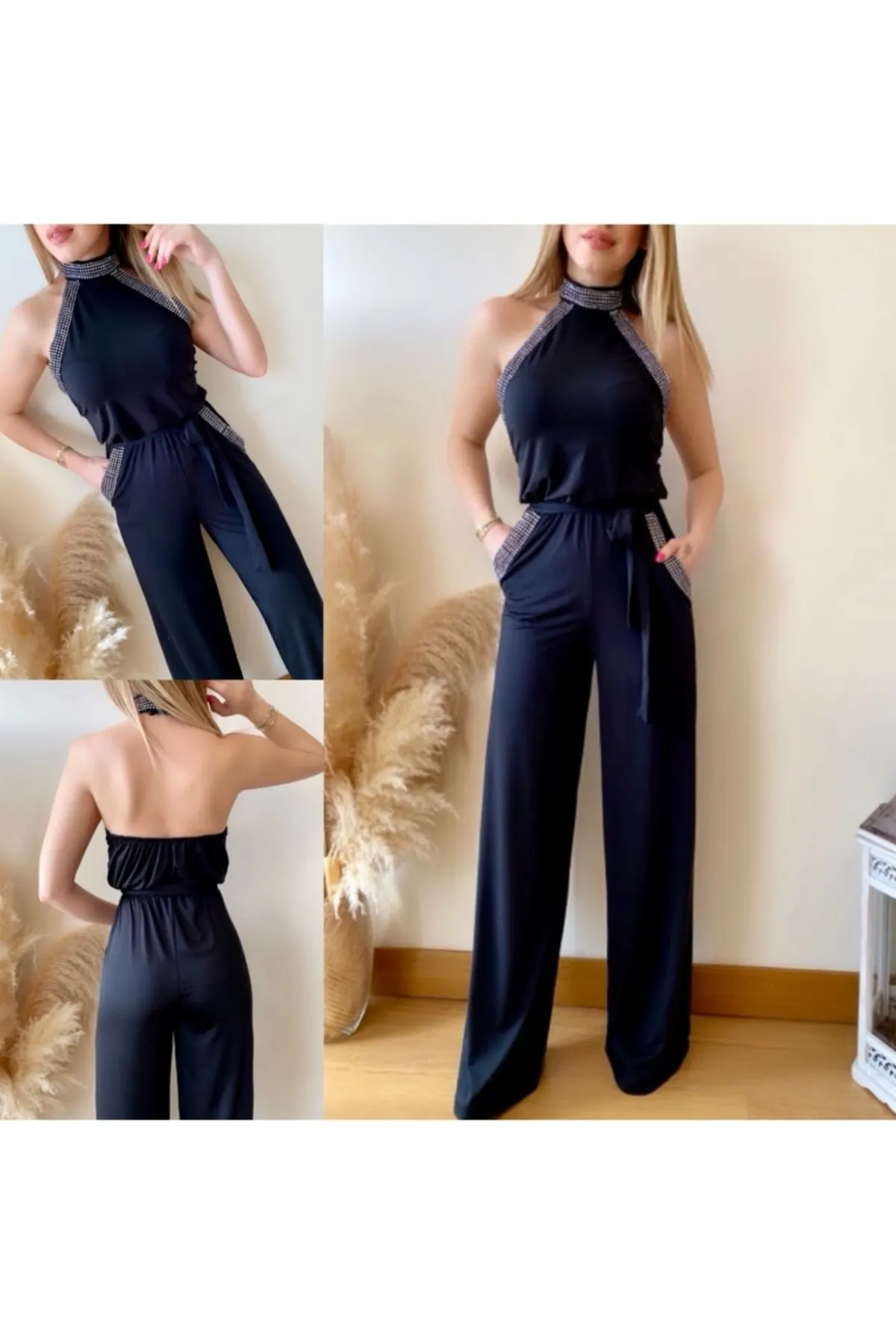 

Women's Overalls Stone Detailed Rompers Hot Style Quality Fabric Sleeveless Baggy Trousers Casual Jumpsuit