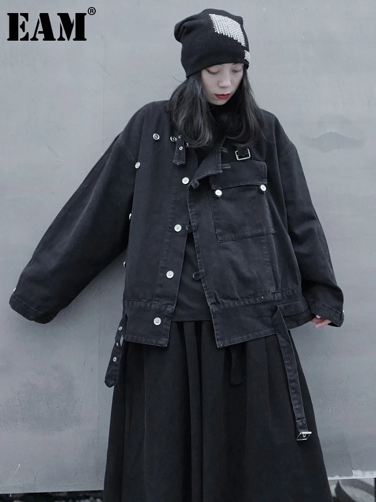 

[EAM] Loose Fit Black Irregular Big Size Denim Jacket New Lapel Long Sleeve Women Coat Fashion Tide Spring Autumn 2022 1DE6753