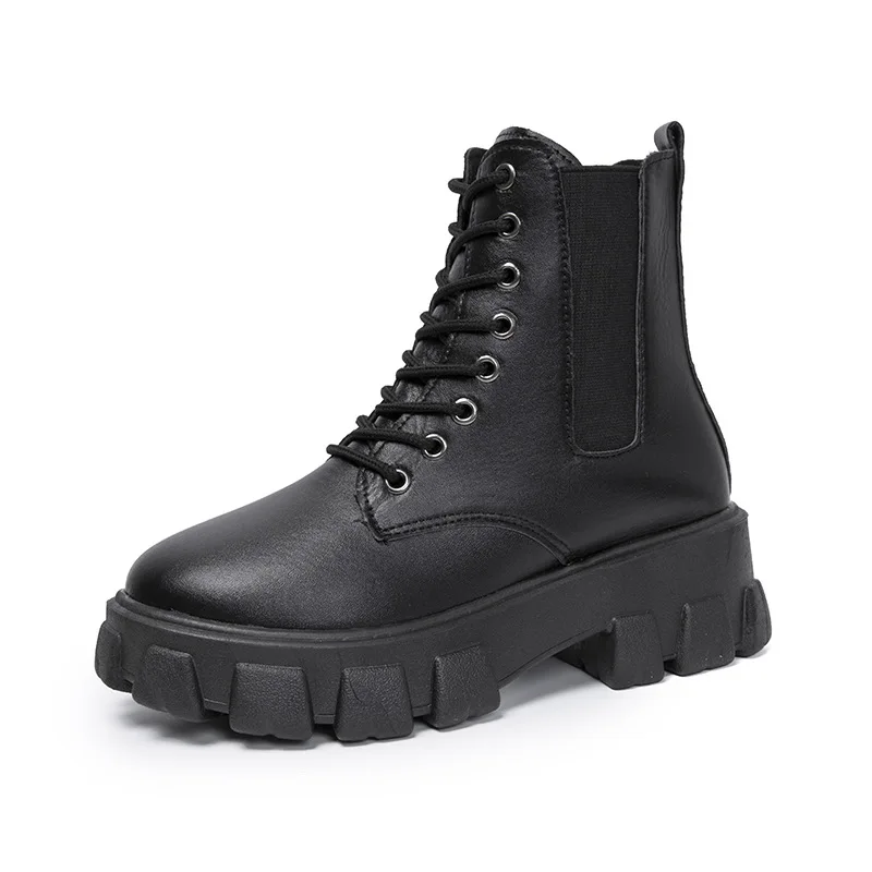 

New Black Platform Combat Ankle Boots for Women Lace Up Buckle Strap Woman Thicken Boots Winter Biker Boots Botas De Mujer