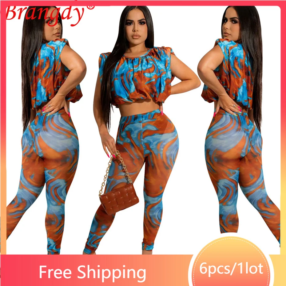 

6sets Wholesale Items for Business Sexy Crop Top Pants 2 Piece Set Women Tracksuit Fashion Sleeveless Print Outfits B10010