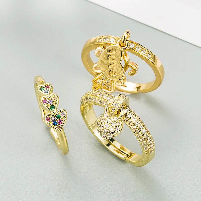 

Fashion Gold Color Metal Heart Colored Zircon Open Ring Punk Vintage Geometric Adjustable Ring for Women 2022 Jewelry Gift