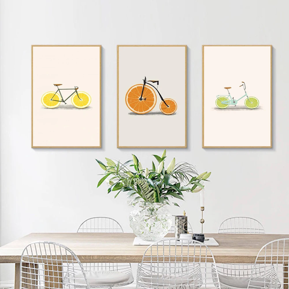 Абстрактная Мода велосипед Лимон Апельсин фрукты печать холст скандинавские