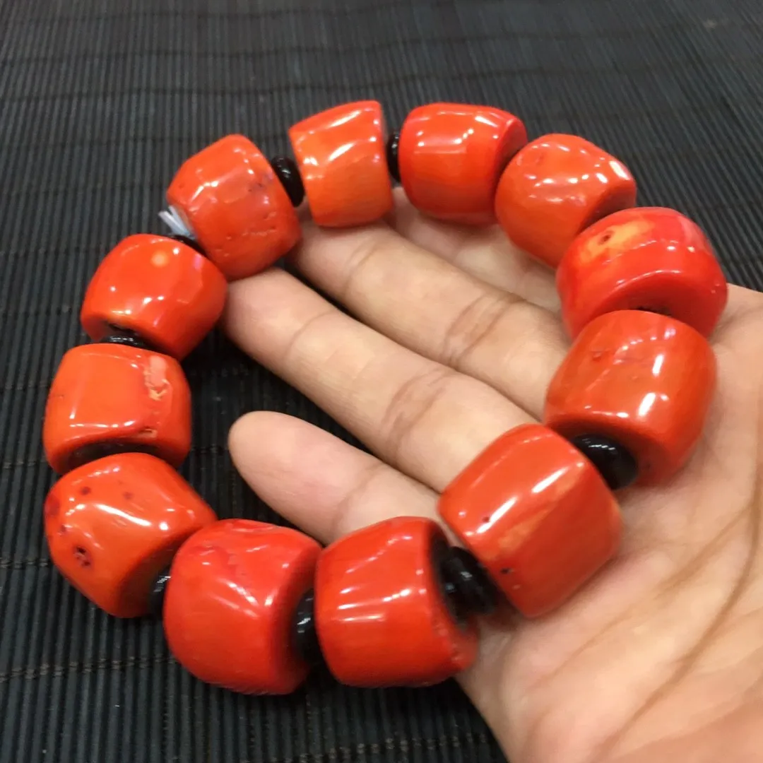 

Genuine Natural Red Coral Bracelet Men Women Fine Jewelry Accessories Deep Sea Precious Real Coral Barrel Beads Bracelets Bangle