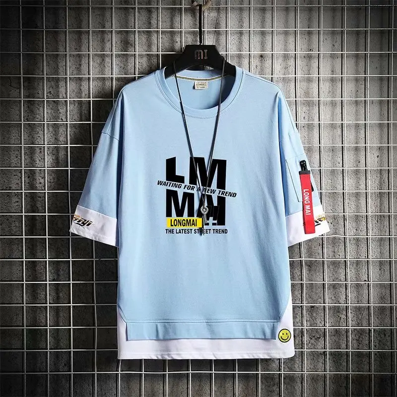 Футболка мужская однотонная составного кроя модная тенниска с круглым вырезом