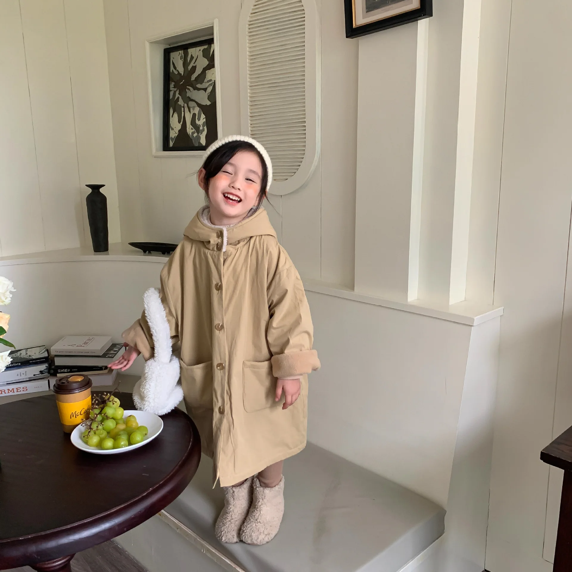 

3715E Children Coat 2022 Autumn and Winter New Korean Cashmere Girl's Windbreaker Hooded Coat Cotton-padded Jackets