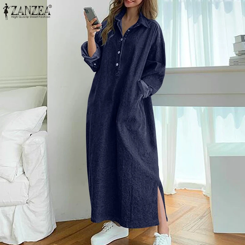 

Женские джинсовые синие платья ZANZEA 2022, весеннее винтажное Ретро стробое платье, повседневный свободный Однотонный сарафан большого размер...