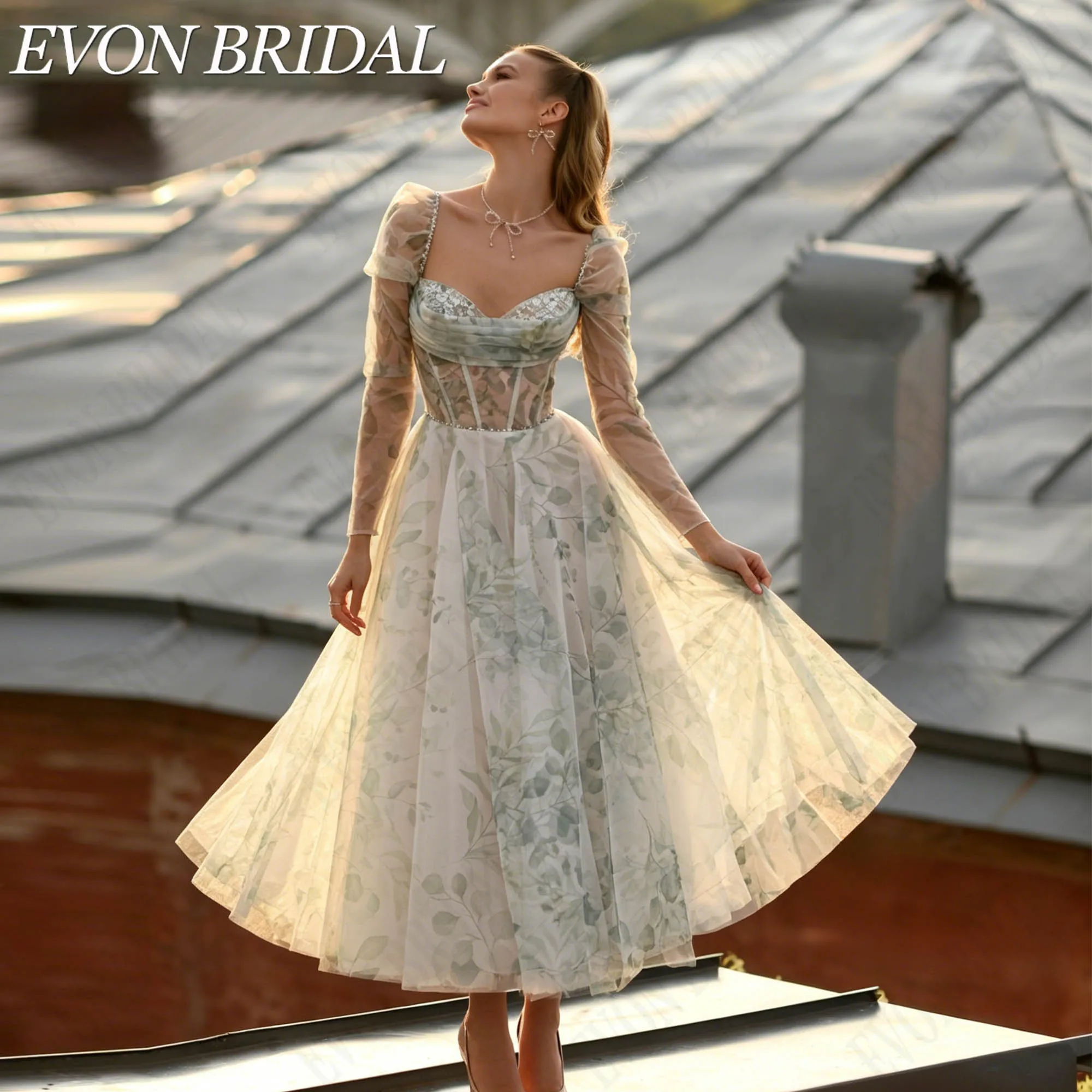 Фото EVON BRIDAL Платья На Выпускной А-Силуэт Из Тюля Чайная Длина Сердечный Вырез Пышные Короткие Рукава Прилегающий Корсет Изготовлено На Заказ Платье На День Рождения Элегантное Платье На Бал Роскошное Платье На Галa №3