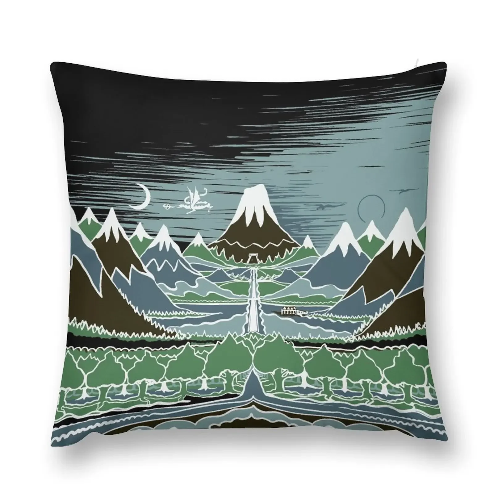 Путешествие Halflings по горной тропе через эльфийское дерево в стиле J.R.R.Tolkien Throw Pillow