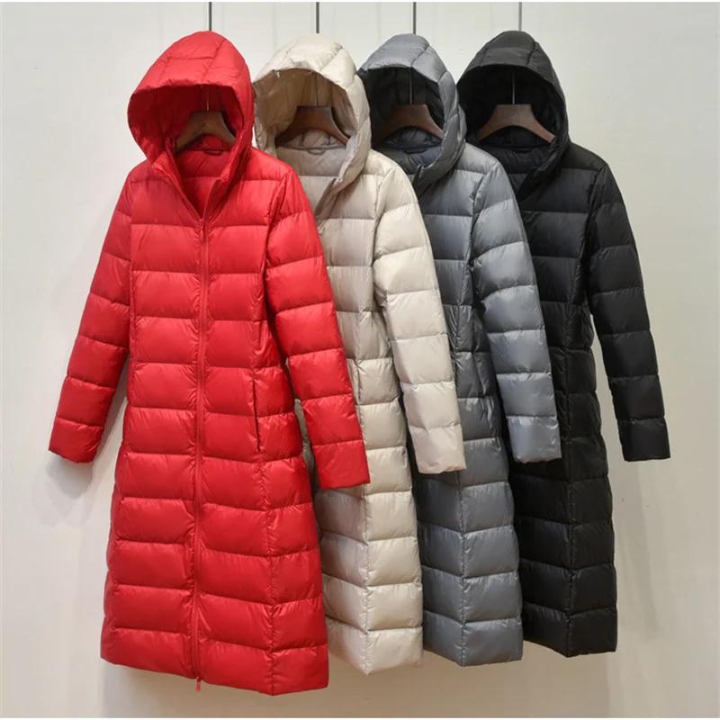 

2023 Autumn Winter Women Light Thin White Duck Down Coat Hooded Bigsize Down Jacket Female Long Warm Slim Puffer Parkas Outwears
