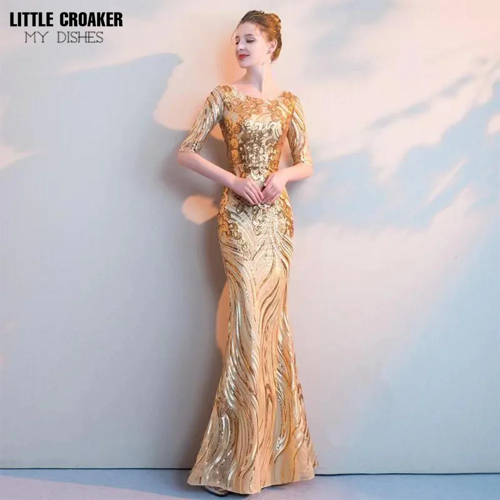 Женское золотистое вечернее платье с полурукавами и блестками Размеры S-3XL