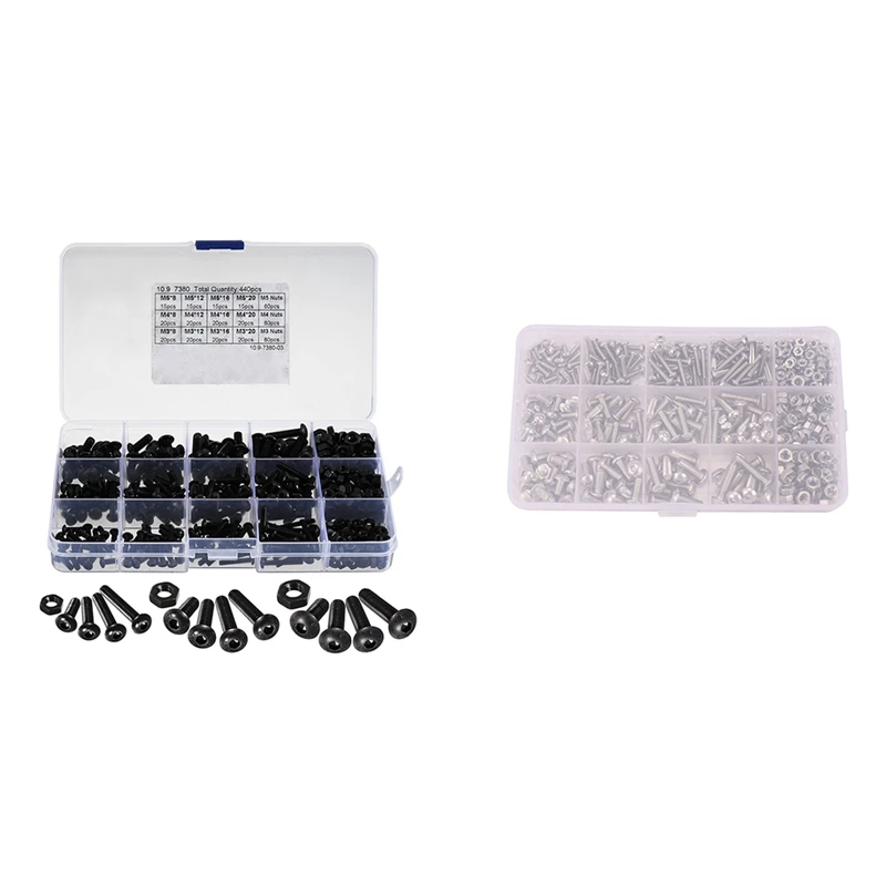 

955 Pcs M3 M4 M5 Alloy Steel Hex Socket Button Head Cap Bolts Screws Nuts Set Black & Silver