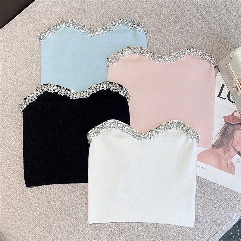 

Summer 2022 Sexy Knitting Tank for Women Handmade Rhinestone Edging Candy Color Black White Tube Top Slim Fit