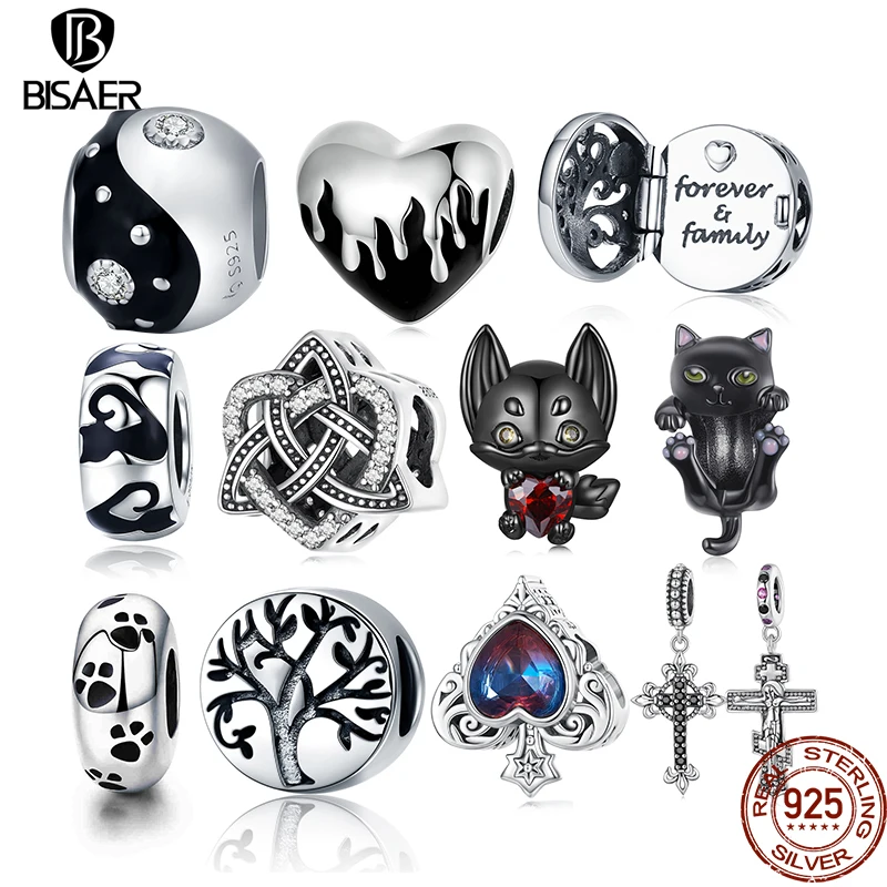 

BISAER 925 Sterling Silver Heart Charms Burning Love Bead Vintage Black Cat Pendant For Women Bracelet Necklace DIY Fine Jewelry