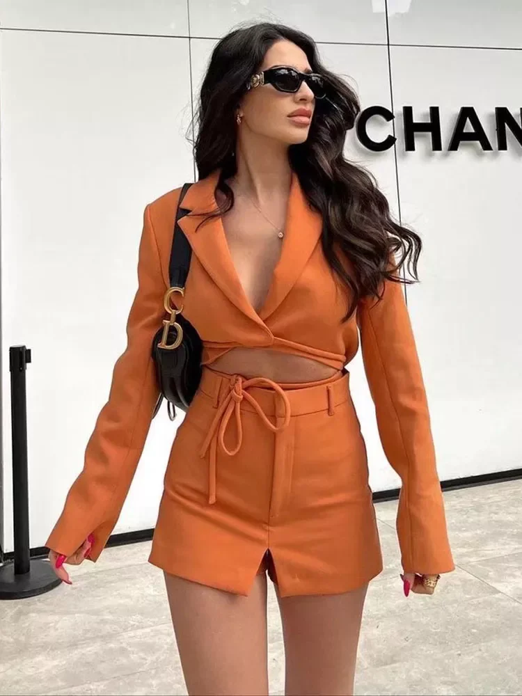 

Women 2022 New Fashion Bow Cropped Blazer Coat Vintage Long Sleeve Female Outerwear Chic Femme+strappy culottes suit