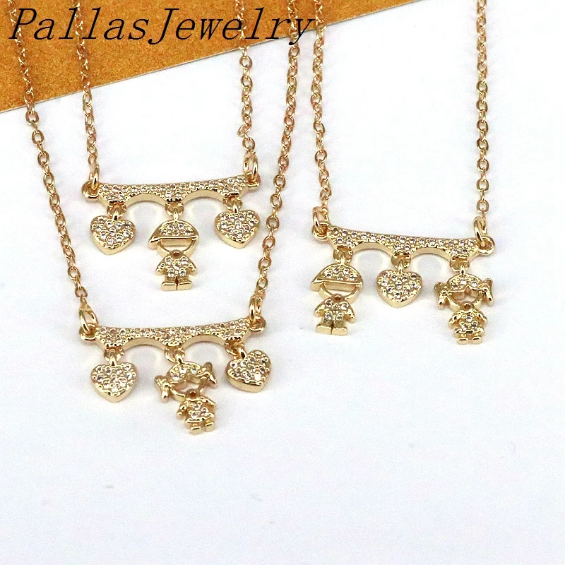 

10Pcs,Tiny Clear Crystal Girl Boy Necklaces for Women Copper Gold Plated Couple Figure Necklace Charms Family Jewelry Gifts