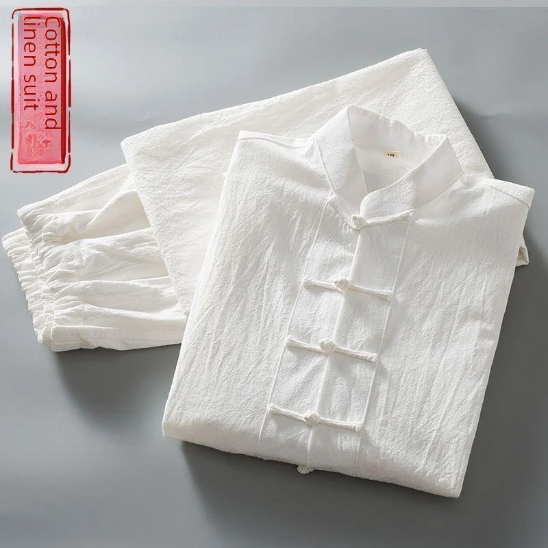Осенний хлопково-льняной костюм с длинными рукавами в китайском стиле мужская