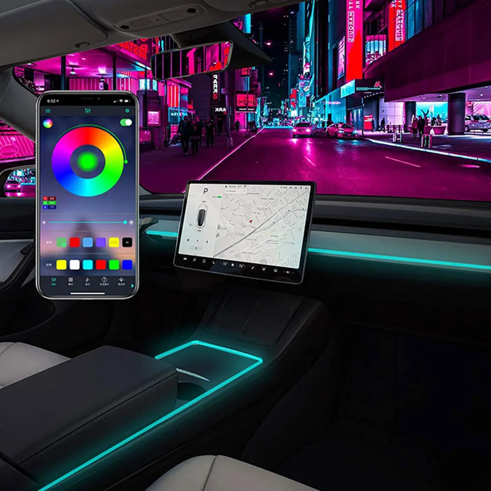 

Новинка 2021 г., внутренняя неоновая подсветка Tesla Model 3 Y для салона автомобиля s, центральная консоль, освещение приборной панели, окружасветил...