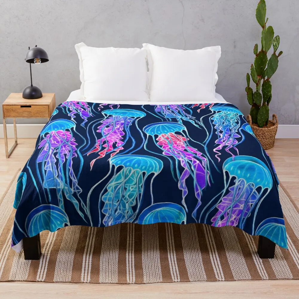 

Luminescent Rainbow Jellyfish on Navy Blue Throw Blanket Blanket For Travel Light