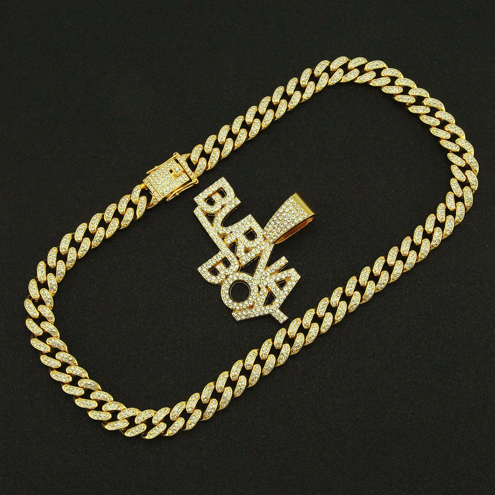 

Hip Hop Iced Out Cuban Chains Bling Diamond Rhinestone Letter BURNA BOY Pendant Mens Necklace Gold Jewelry for Women Choker Gift